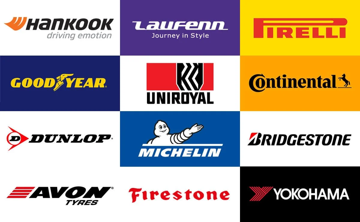Michelin, Pirelli, Continental, Bridgestone, Goodyear, Dunlop, Avon, Hankook and other tyre brands
